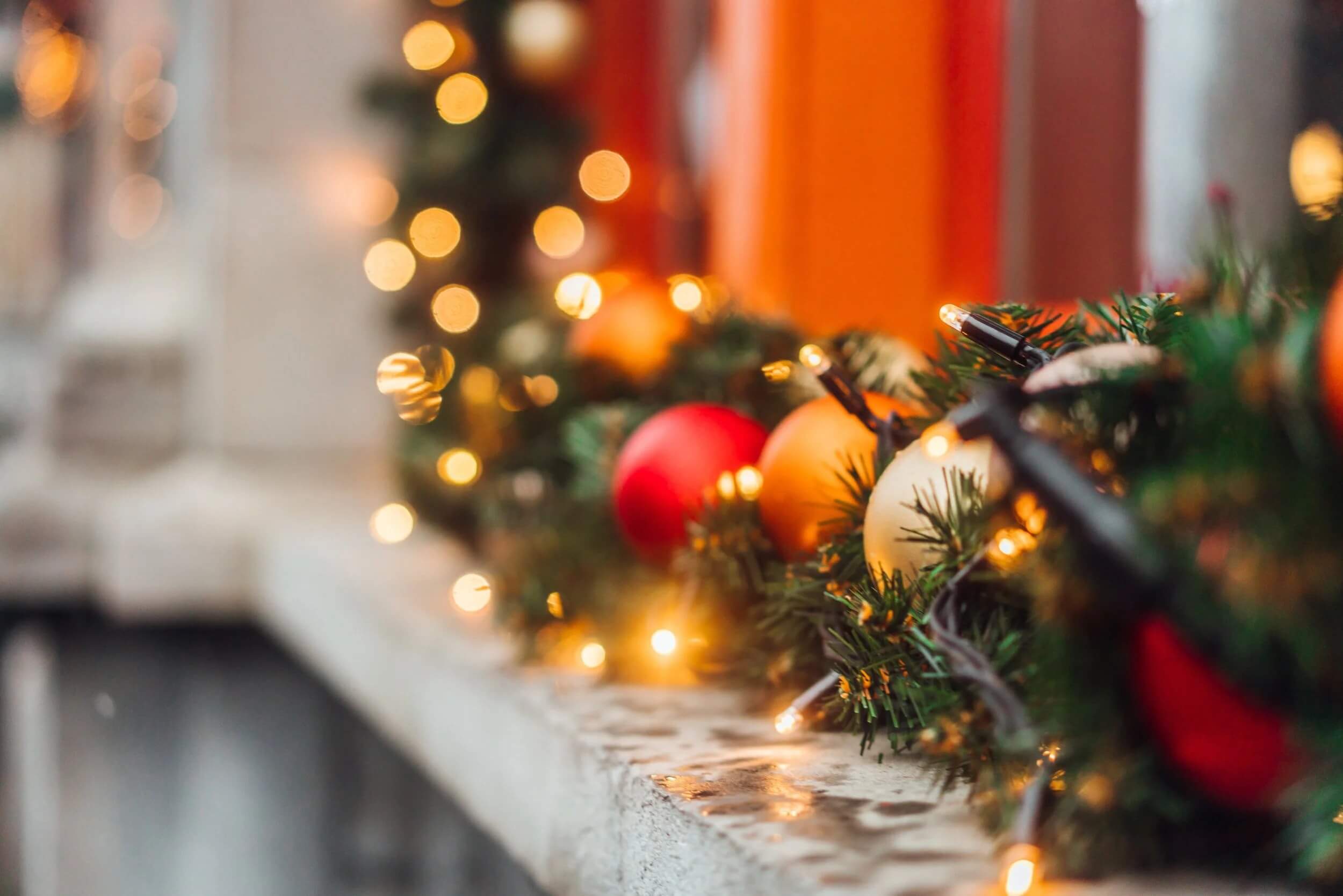 christmas light and decor on window