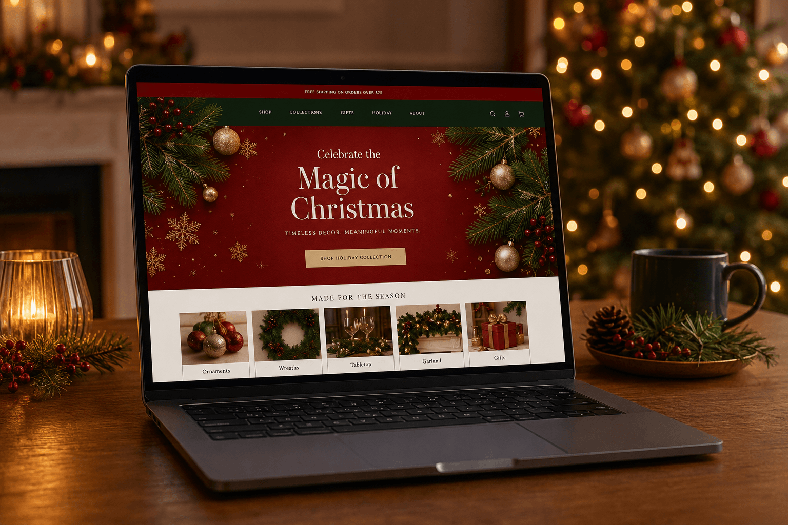 christmas themed website shown on a laptop