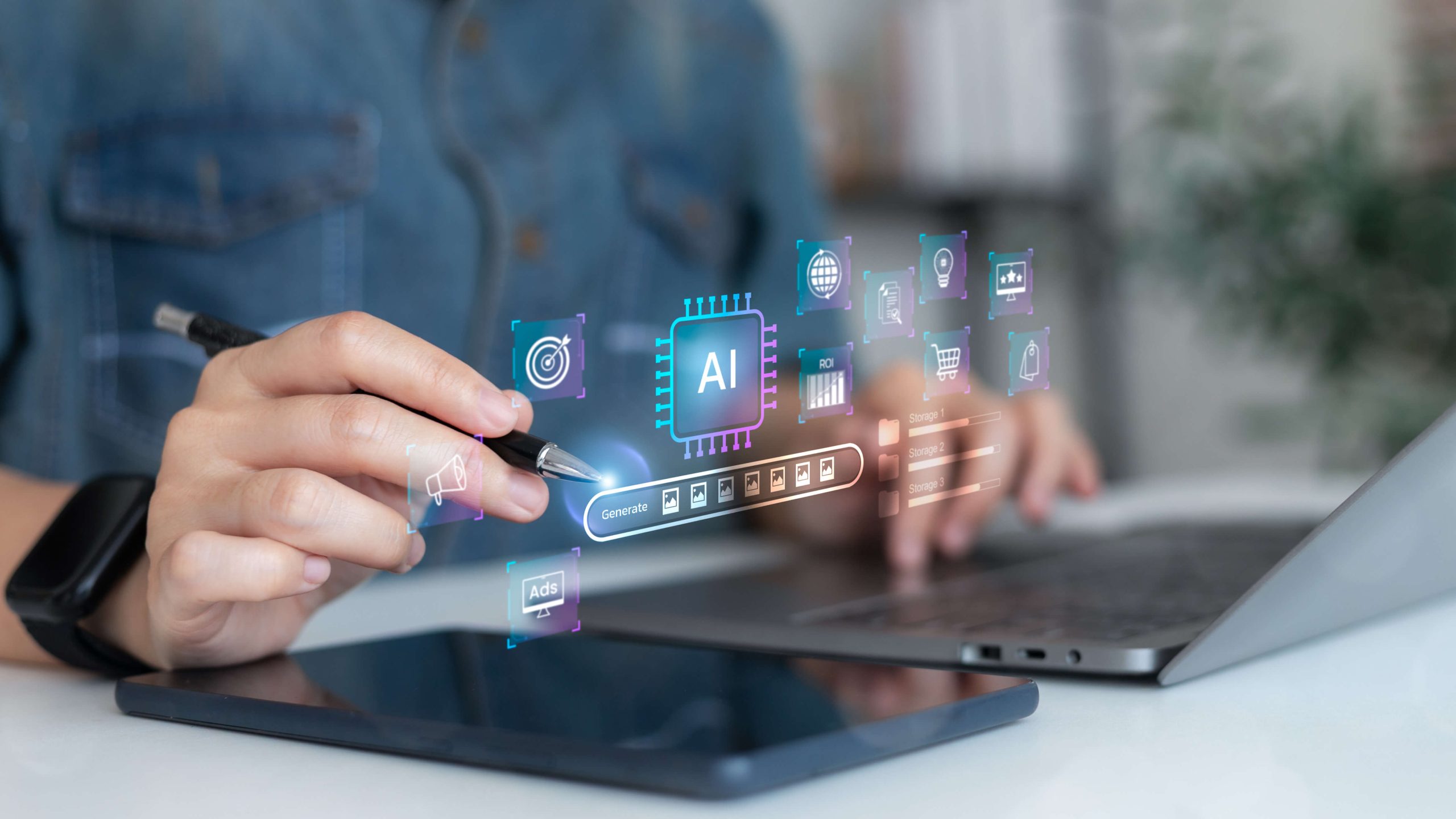 Hand using a pen to interact with AI, generate buttons, and marketing icons. Concept of AI-generated advertising, smart campaign creation, and automated content generation