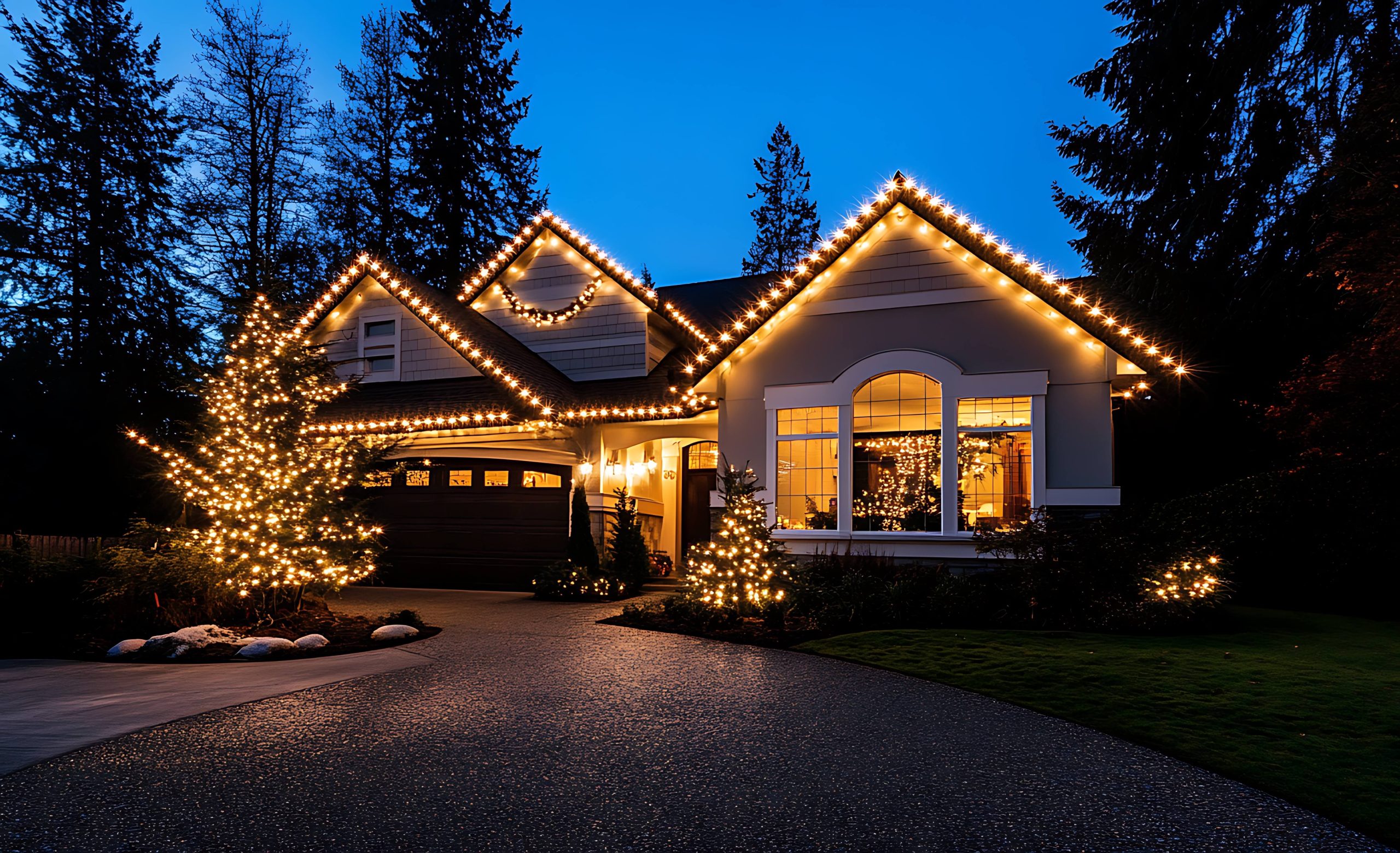 Stylish Christmas lights on the roof of your home, creating an enchanting and festive atmosphere for all to enjoy