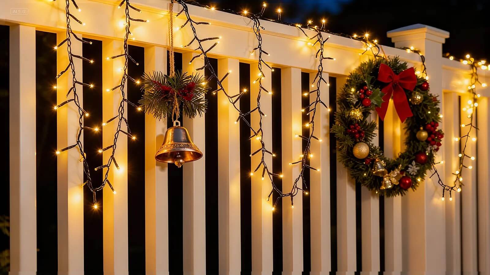 holiday lights hanging on fence