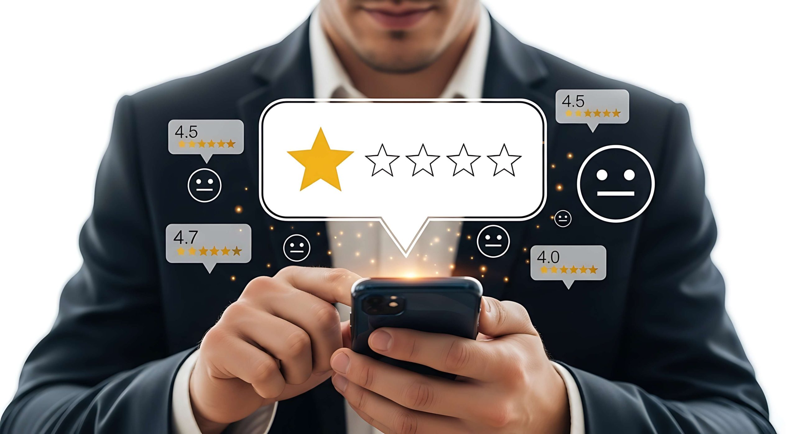 Businessman leaving a negative review on Google about a company