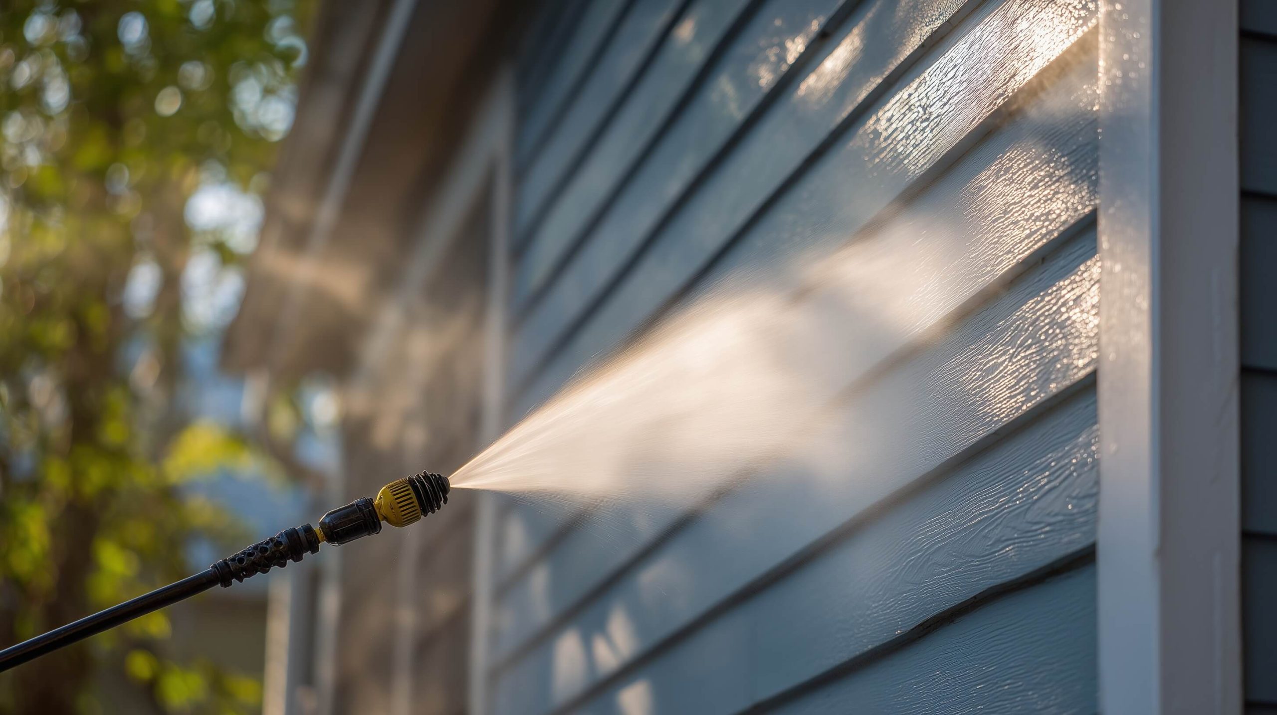 Pressure washer nozzle spraying water to clean house siding, removing dirt and grime from exterior panel.