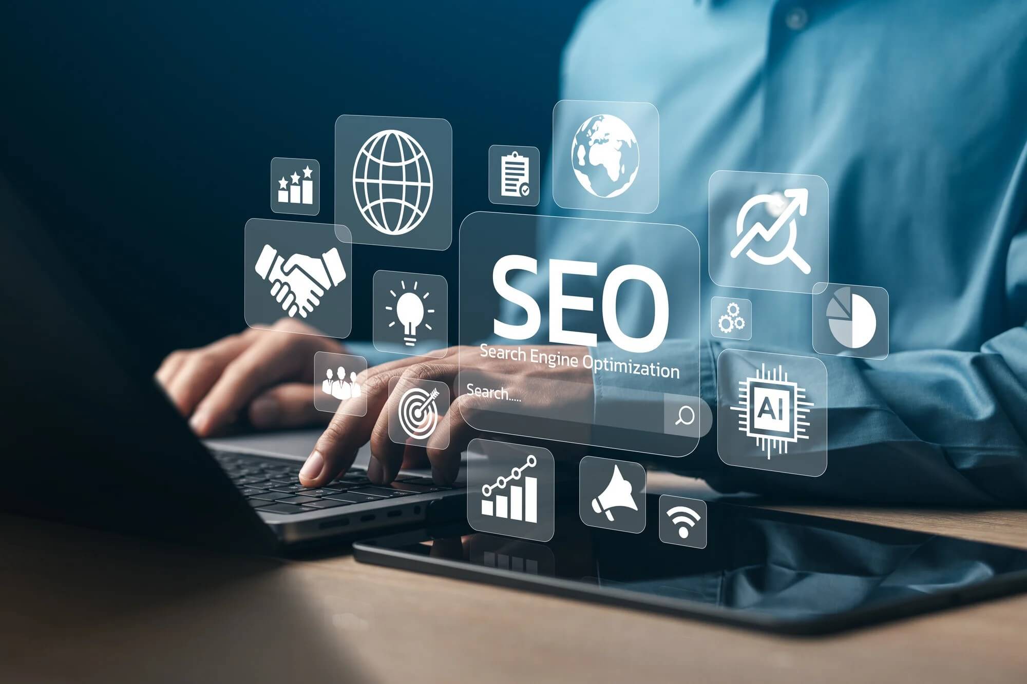 close-up of a laptop screen displaying SEO analytics and graphs